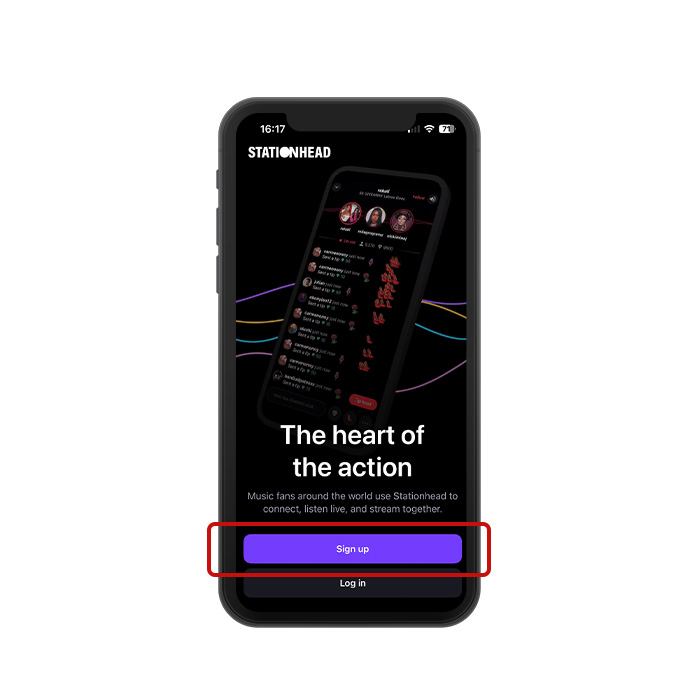 Stationheadのアプリをダウンロードして「Sign up」を選択